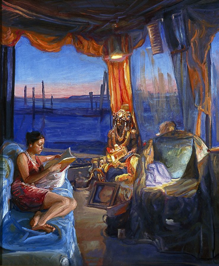 Reading With Buddha 24 x 20 in oil wood 2006